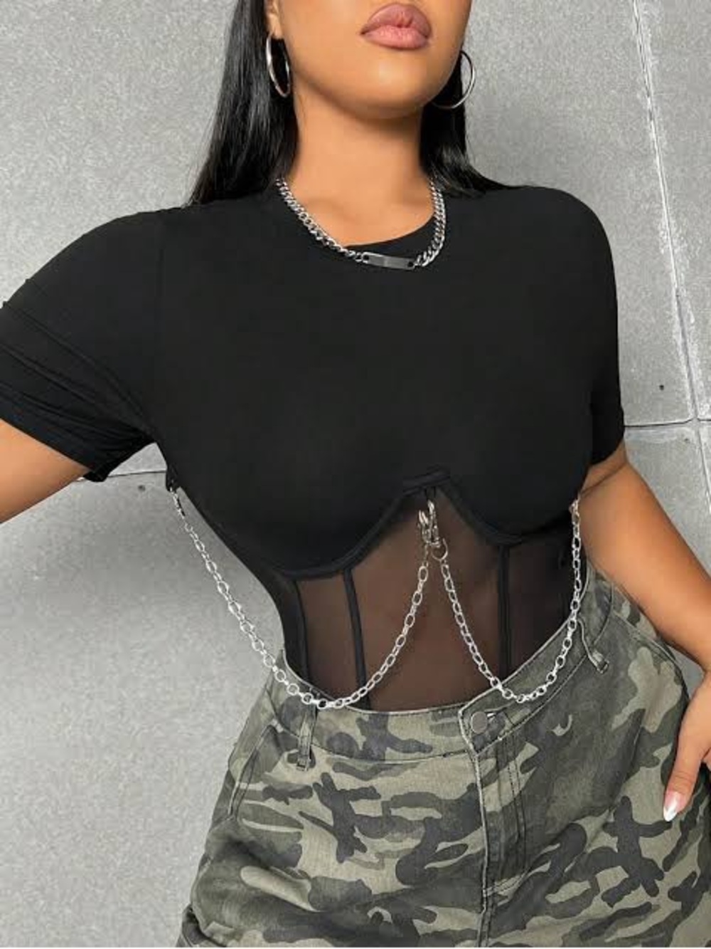 Black Mesh Corset Crop Top with Chain Detail